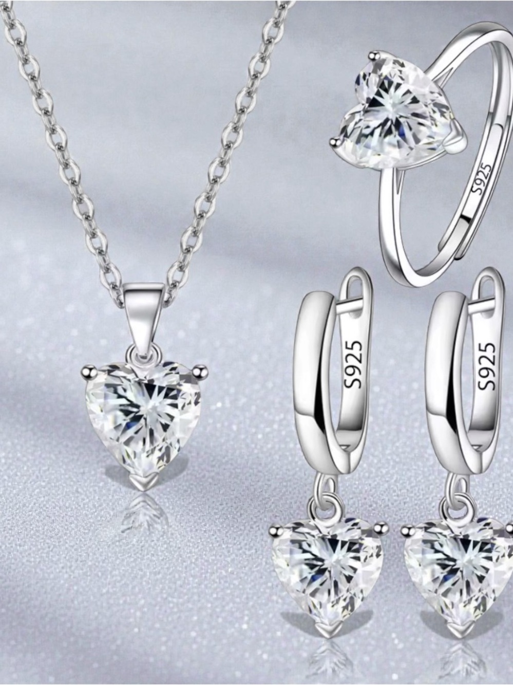 925 Sterling Silver Heart CZ Jewelry Set Necklace Ring And Earrings